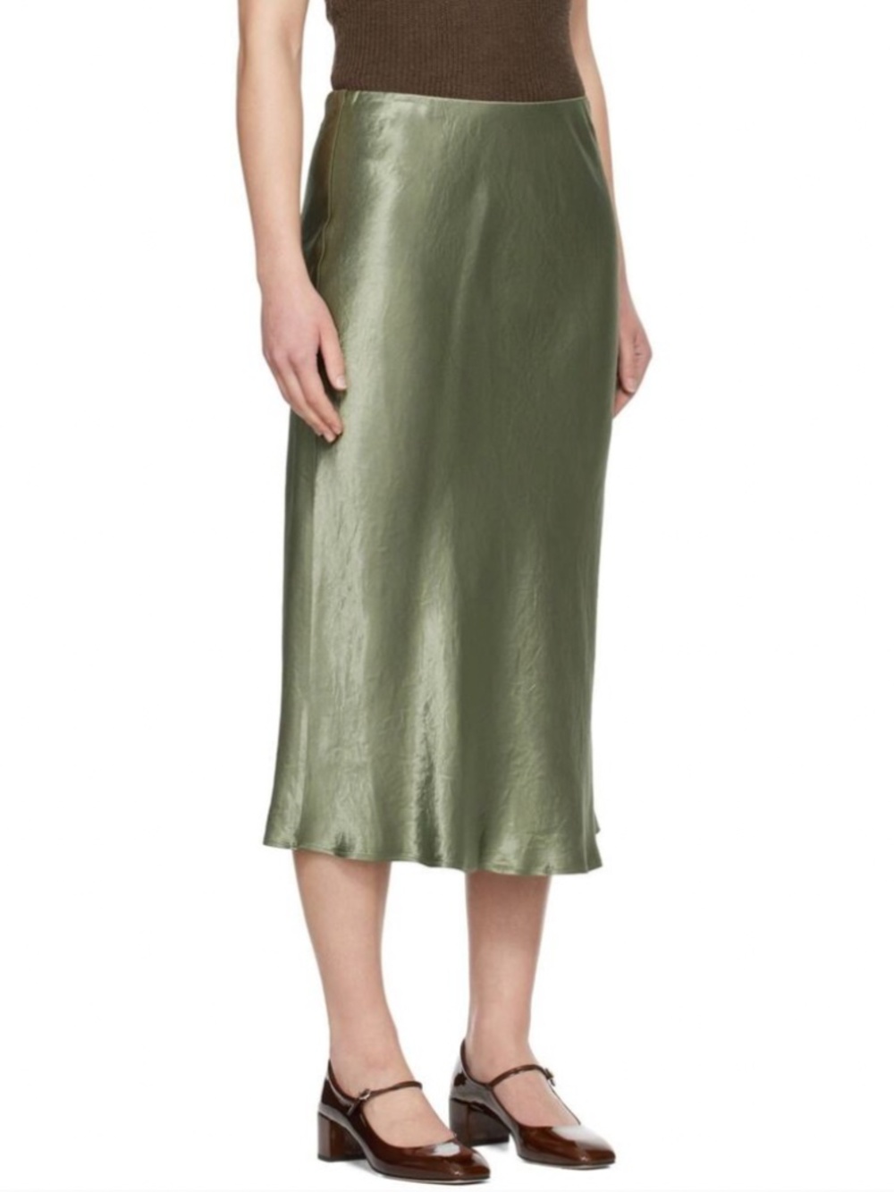 Satin Vince Midi Skirt, Olive Green